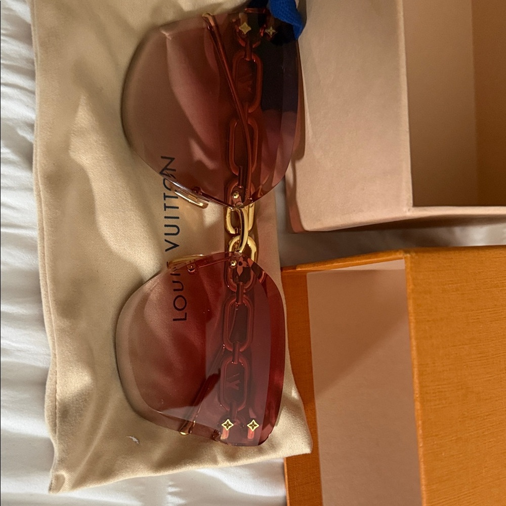 Louis Vuitton Wine-Tone Rimless Sunglasses with Gold Chain Detail